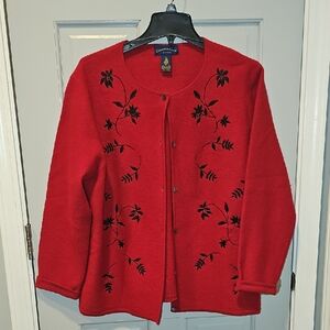 Wool 100 % Charter Clubl Red Cardigan 1x Women Vintage Black Floral Embroidery